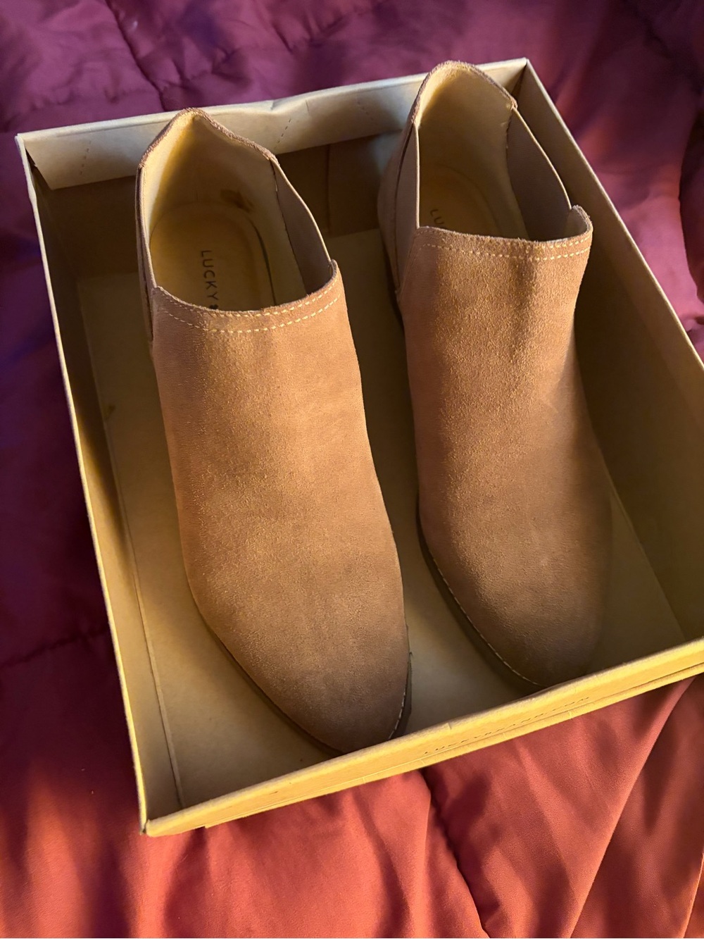 Lucky Brand Suede Slip-On Ankle Boots in Tan
